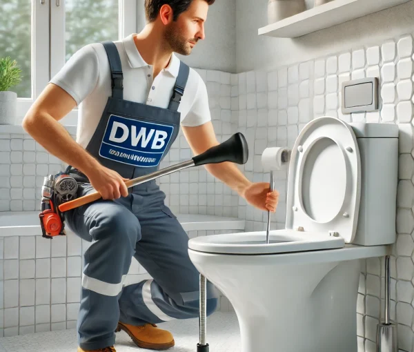 DALL·E 2025-01-10 21.45.29 – A hyper-realistic image of a professional plumber wearing a uniform with the logo ‘DWB’, unclogging a toilet (WC) in a clean and modern bathroom. The DALL·E 2025-01-10 21.45.29 - A hyper-realistic image of a professional plumber wearing a uniform with the logo 'DWB', unclogging a toilet (WC) in a clean and modern bathroom. The