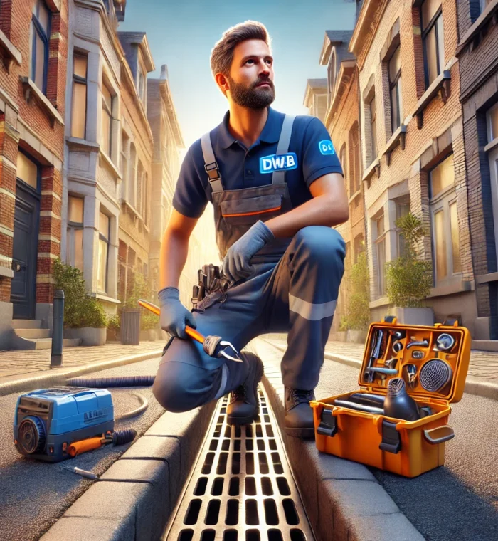 DALL·E 2025-01-10 21.46.40 – A hyper-realistic image of a professional plumber wearing a uniform with the logo ‘DWB’, performing a drain unclogging service in Brussels. The plumbe Canalisations débouchage