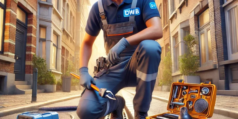 DALL·E 2025-01-10 21.46.40 – A hyper-realistic image of a professional plumber wearing a uniform with the logo ‘DWB’, performing a drain unclogging service in Brussels. The plumbe Canalisations débouchage