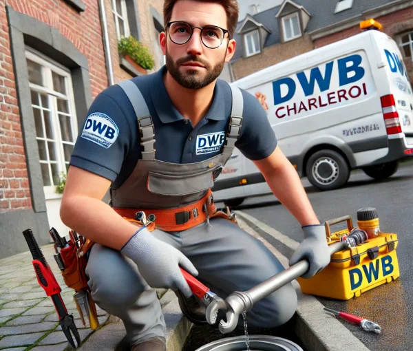 DALL·E 2025-01-10 21.48.28 – A hyper-realistic image of a professional plumber wearing a uniform with the logo ‘DWB’, performing a drain unclogging service in Charleroi. The plumb DALL·E 2025-01-10 21.48.28 - A hyper-realistic image of a professional plumber wearing a uniform with the logo 'DWB', performing a drain unclogging service in Charleroi. The plumb