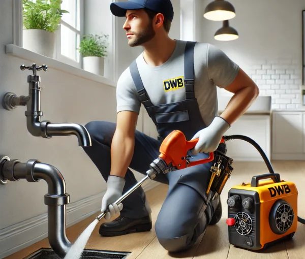 DALL·E 2025-01-10 21.48.34 – A hyper-realistic image of a professional plumber wearing a uniform with the logo ‘DWB’, performing drain unclogging service. The plumber uses advance DALL·E 2025-01-10 21.48.34 - A hyper-realistic image of a professional plumber wearing a uniform with the logo 'DWB', performing drain unclogging service. The plumber uses advance