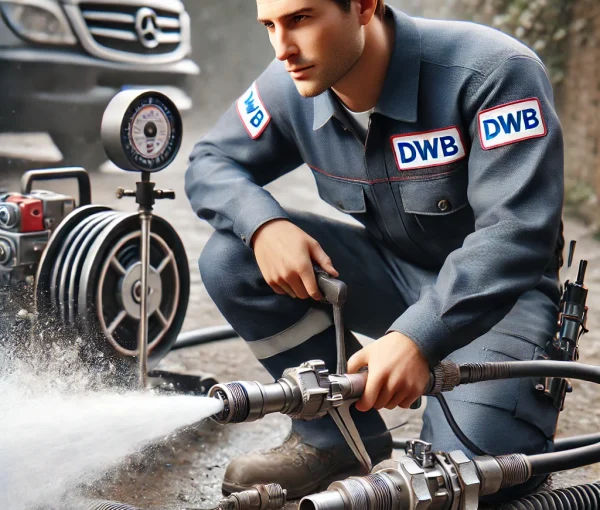 DALL·E 2025-01-10 22.19.59 – A hyper-realistic image of a professional plumber wearing a uniform with the logo ‘DWB’, using a high-pressure water jet to unclog a drain in an outdo DALL·E 2025-01-10 22.19.59 - A hyper-realistic image of a professional plumber wearing a uniform with the logo 'DWB', using a high-pressure water jet to unclog a drain in an outdo