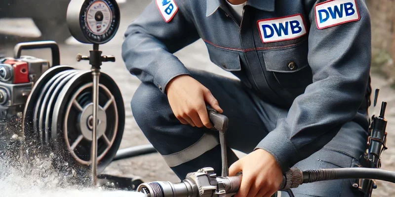 DALL·E 2025-01-10 22.19.59 – A hyper-realistic image of a professional plumber wearing a uniform with the logo ‘DWB’, using a high-pressure water jet to unclog a drain in an outdo DALL·E 2025-01-10 22.19.59 - A hyper-realistic image of a professional plumber wearing a uniform with the logo 'DWB', using a high-pressure water jet to unclog a drain in an outdo