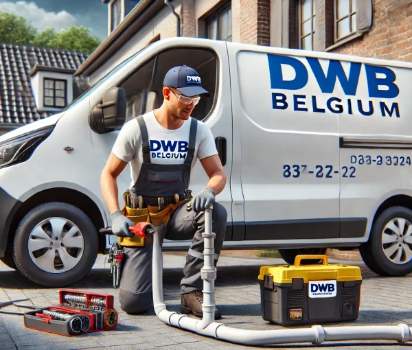 DALL·E 2025-01-17 22.21.12 – A hyper-realistic wide image of a professional plumber wearing a uniform with the logo ‘DWB Belgium’, actively working on a plumbing task next to a br Deboucheur Pour Canalisation