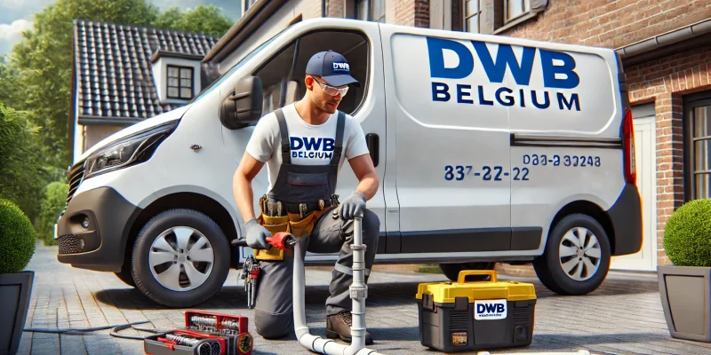 DALL·E 2025-01-17 22.21.12 – A hyper-realistic wide image of a professional plumber wearing a uniform with the logo ‘DWB Belgium’, actively working on a plumbing task next to a br Deboucheur Pour Canalisation
