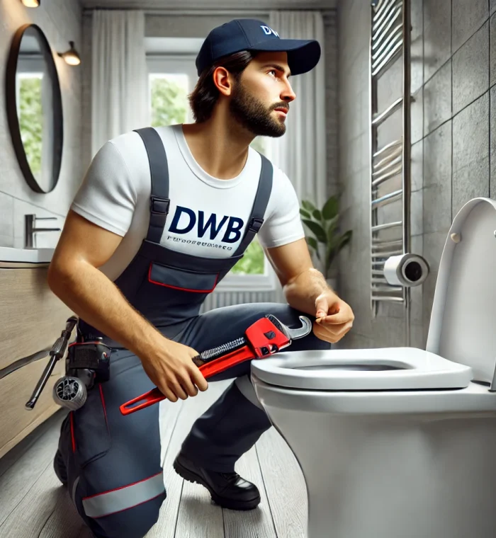 DALL·E 2025-01-17 22.26.40 – A hyper-realistic image of a professional plumber wearing a uniform with the logo ‘DWB’, unclogging a toilet in a modern residential bathroom. The plu DALL·E 2025-01-17 22.26.40 - A hyper-realistic image of a professional plumber wearing a uniform with the logo 'DWB', unclogging a toilet in a modern residential bathroom. The plu