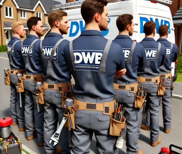 DALL·E 2025-01-17 22.45.45 – A hyper-realistic image of a professional plumbing team wearing uniforms with the logo ‘DWB’ on the back. The team is standing together, facing away, DALL·E 2025-01-17 22.45.45 - A hyper-realistic image of a professional plumbing team wearing uniforms with the logo 'DWB' on the back. The team is standing together, facing away,