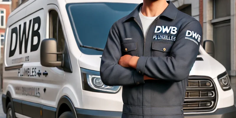 DALL·E 2025-01-23 21.55.25 – A hyper-realistic image of a professional plumber wearing a uniform with the logo ‘DWB’, standing confidently in front of a branded van. The van promi DALL·E 2025-01-23 21.55.25 - A hyper-realistic image of a professional plumber wearing a uniform with the logo 'DWB', standing confidently in front of a branded van. The van promi