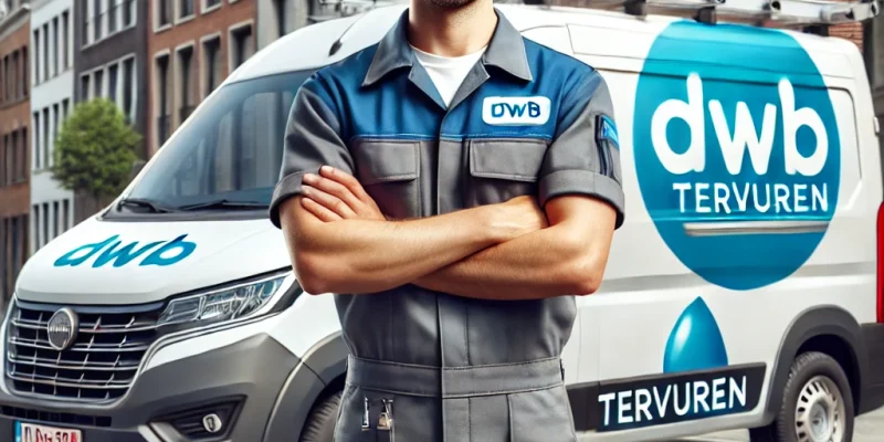 DALL·E 2025-01-23 21.55.27 – A hyper-realistic image of a professional plumber wearing a uniform with the logo ‘DWB’, standing confidently in front of a branded van. The van promi DALL·E 2025-01-23 21.55.27 - A hyper-realistic image of a professional plumber wearing a uniform with the logo 'DWB', standing confidently in front of a branded van. The van promi