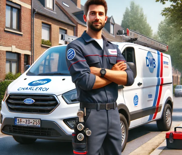 DALL·E 2025-01-27 22.14.44 – A hyper-realistic image of a professional plumber wearing a uniform with the logo ‘DWB’, standing next to a branded van that displays ‘DWB Charleroi’ débouchage Charleroi