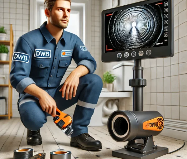 DALL·E 2025-01-29 16.24.37 – A hyper-realistic image of a professional plumber wearing a uniform with the logo ‘DWB’, using a camera system to inspect a clogged pipe. The plumber DALL·E 2025-01-29 16.24.37 - A hyper-realistic image of a professional plumber wearing a uniform with the logo 'DWB', using a camera system to inspect a clogged pipe. The plumber